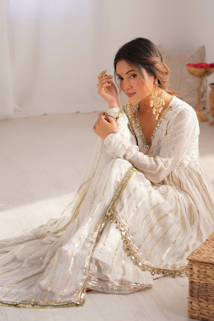 Sajna White Georgette Zari Weaving Festive Sharara Set