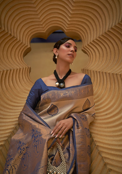 Navy Blue Korvai Silk Nylon Two Tone Handloom Saree