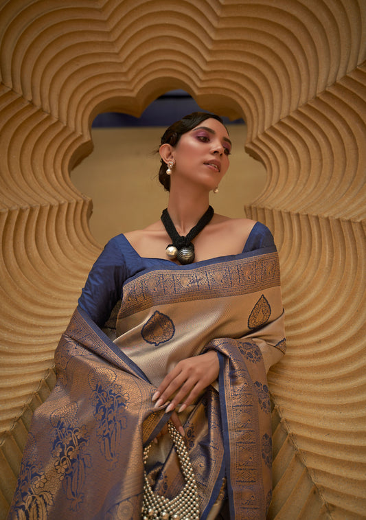 Navy Blue Korvai Silk Nylon Two Tone Handloom Saree