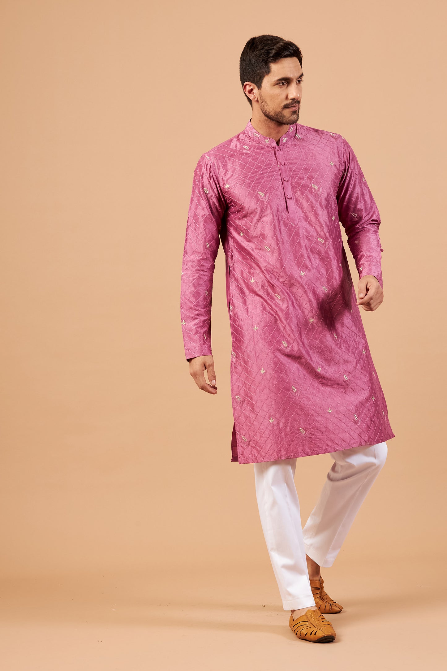 Purple & Pink Dupion Silk Machine Embroidered Festive ( only Kurta )