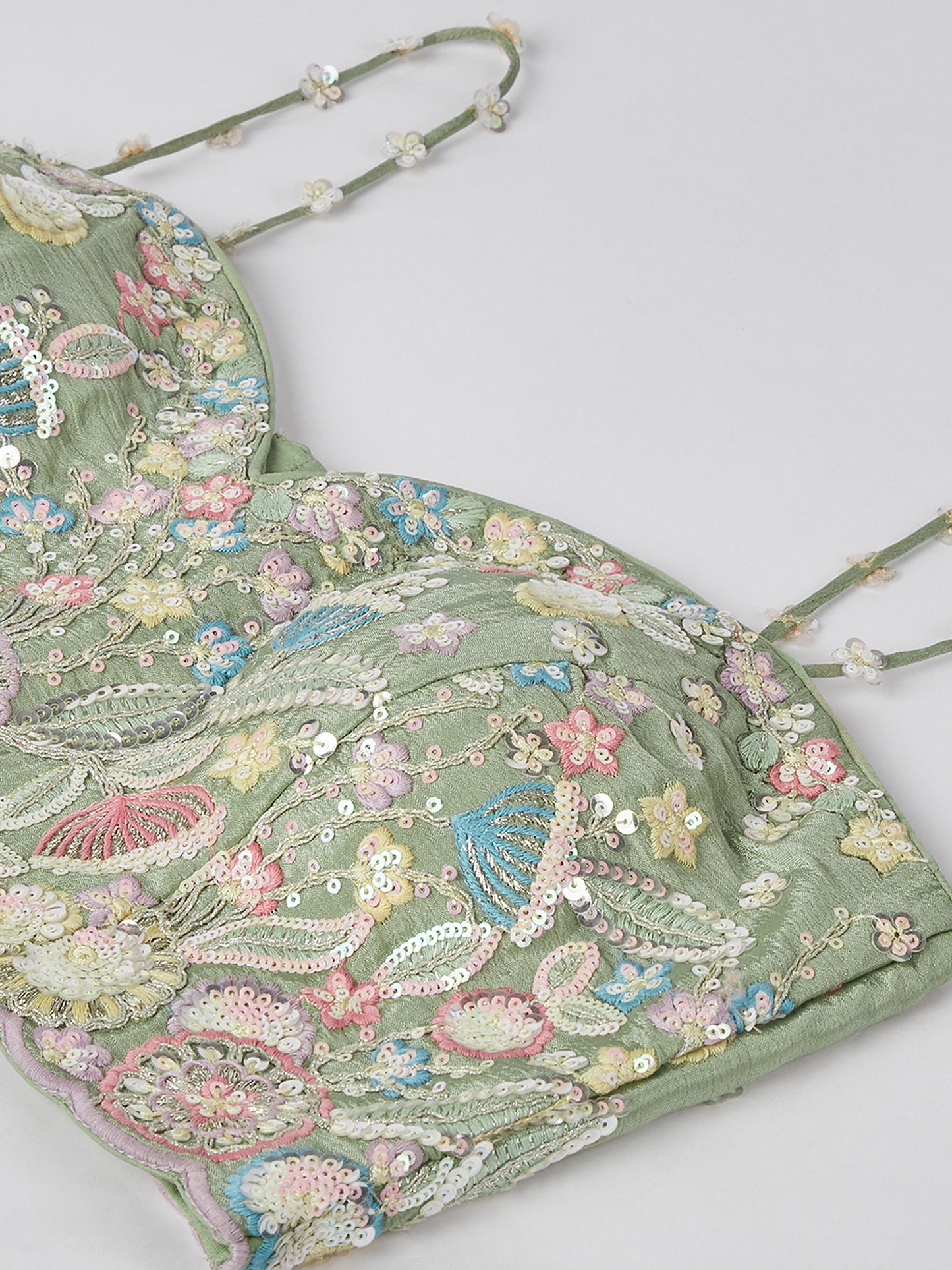 Lime green Chiffon Sequins and thread embroidery Lehenga