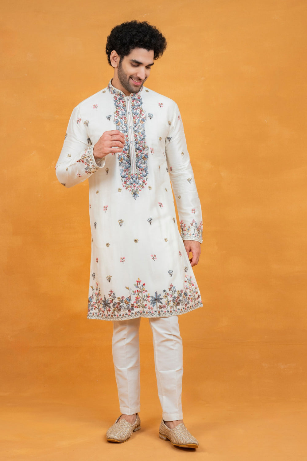 White silk open koti set with multicolour floral thread embroidery