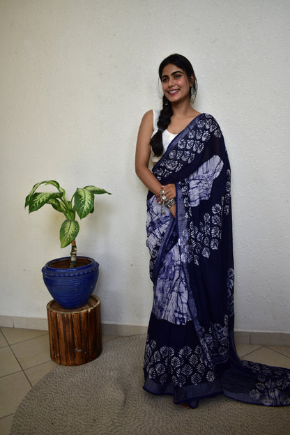 Indigofera Elegance - Blue Handblock Print Natural Dyed - Linen Cotton Saree