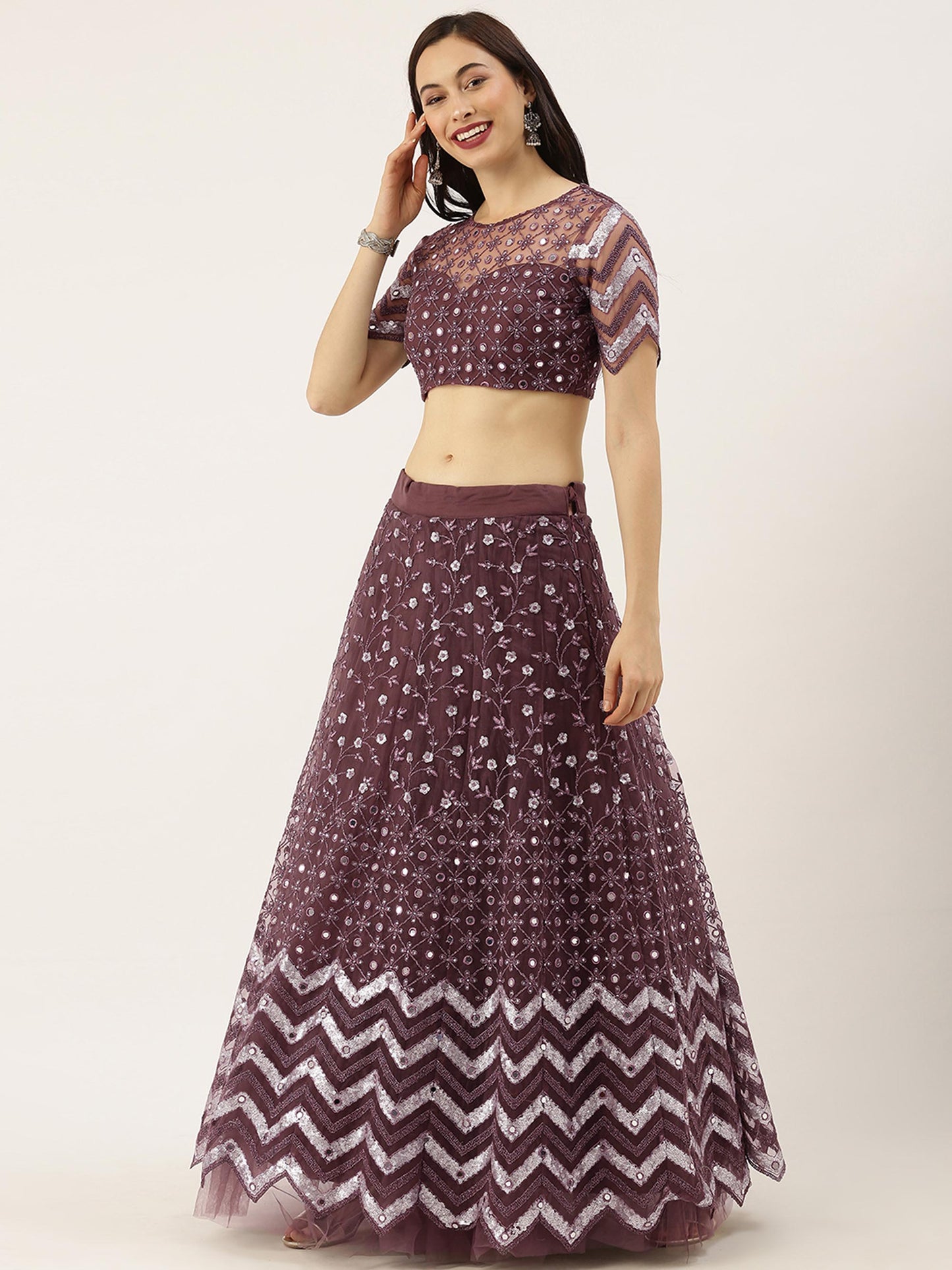 Burgundy Net Semi Stitched Coding, Sequins and Mirror work Lehenga Choli