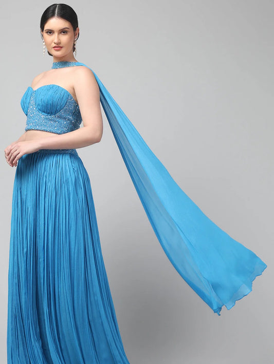Sky-blue Corset Pure Chinnon Cutdana & Sequence Hand Work Party Wear pleated Skirt & Dupatta