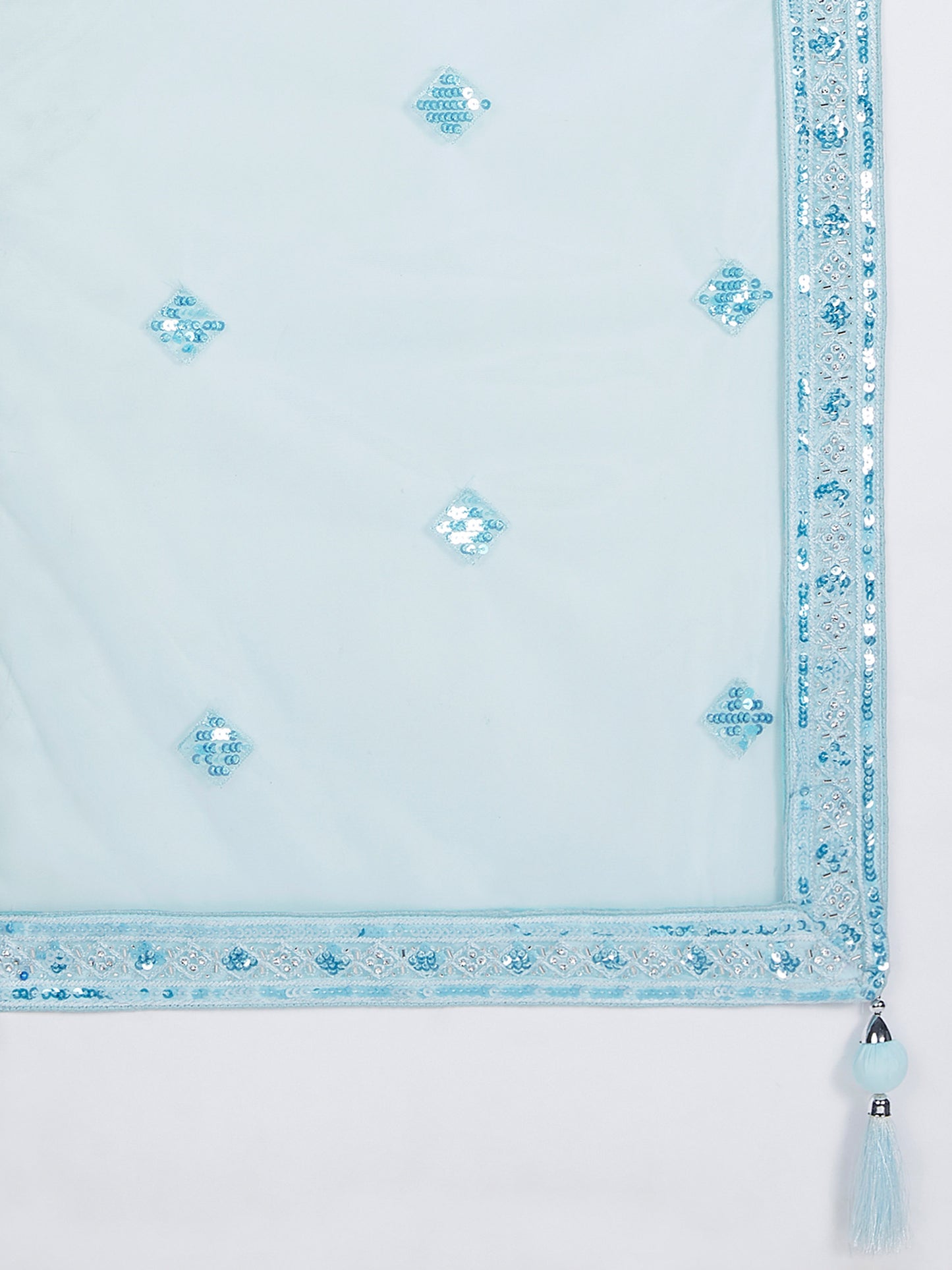 Turquoise blue Net Cutdana, Sequins and Zarkan embroidery Lehenga