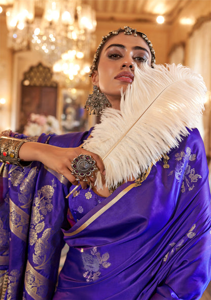 Blue Kanthkala Satin Silk Handloom Saree