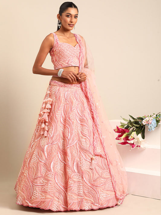 Coral Pink Net Sequins and Zarkan embroidery Lehenga