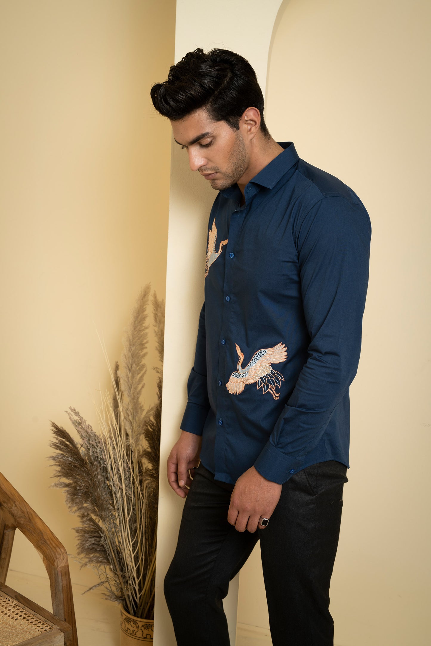 Navy Blue Poplin Lycra Cran Embroidered Festive Shirt