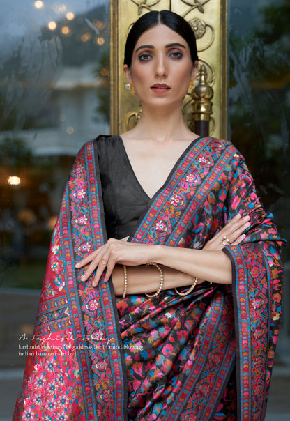 Black Floral Kashifa Silk Kashmir Modal Handloom Saree