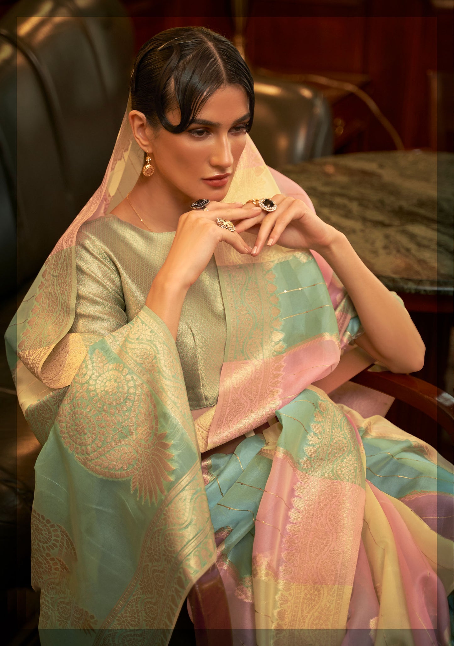 Beige Multi color Kenzo Organza Saree