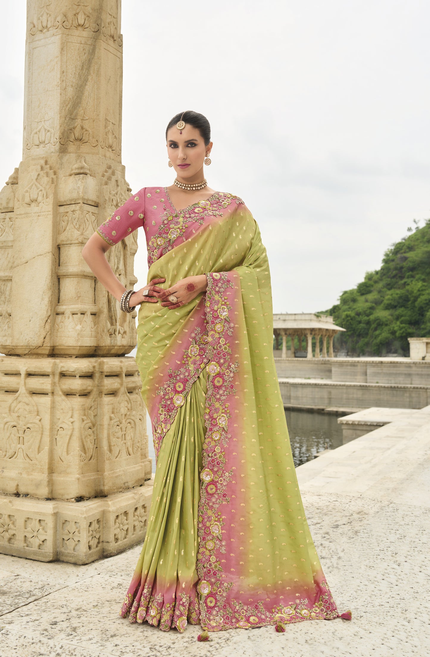 Green and Pink Viscose Silk With Embroidery Cut Work Border Saree