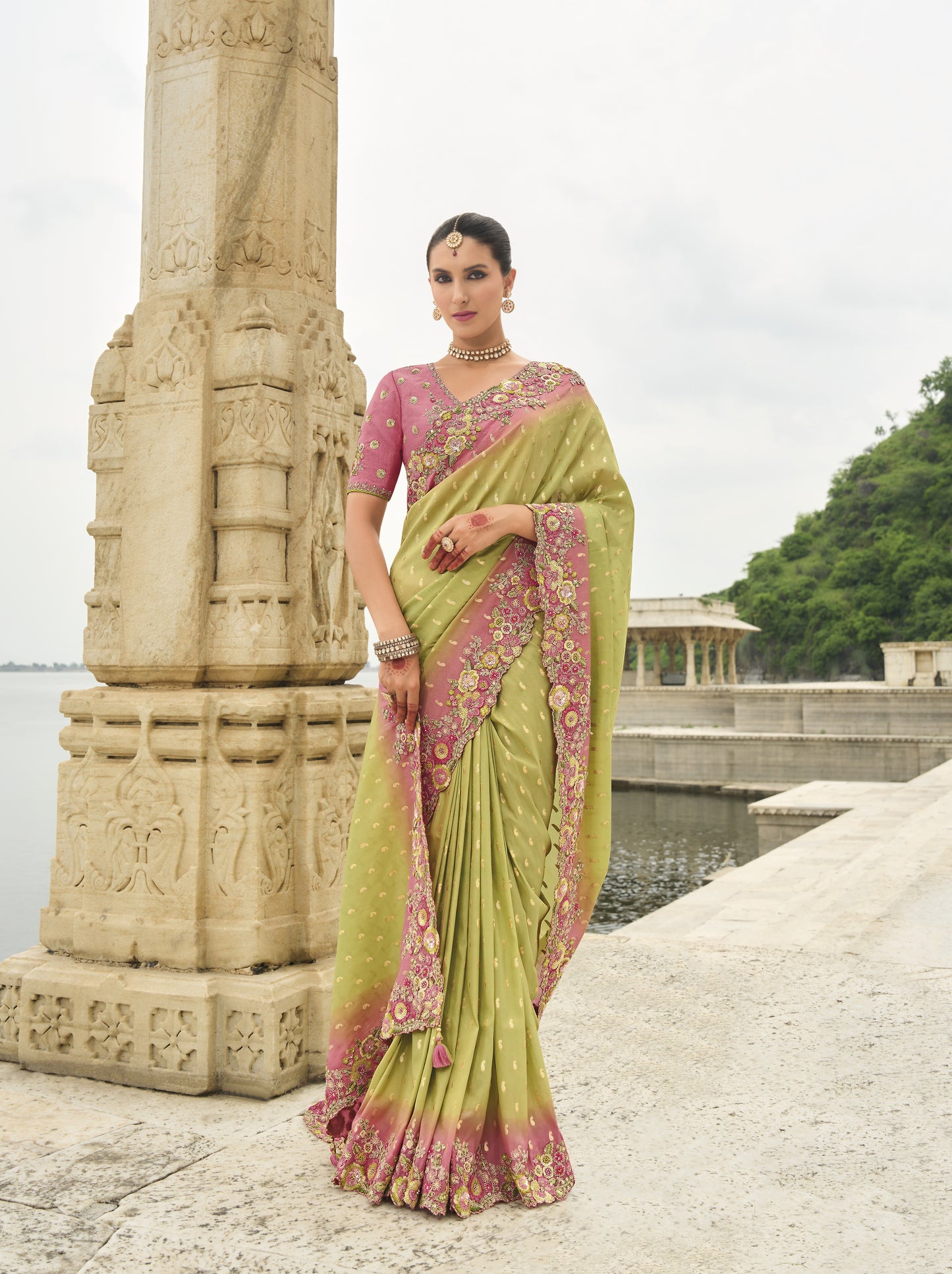 Green and Pink Viscose Silk With Embroidery Cut Work Border Saree