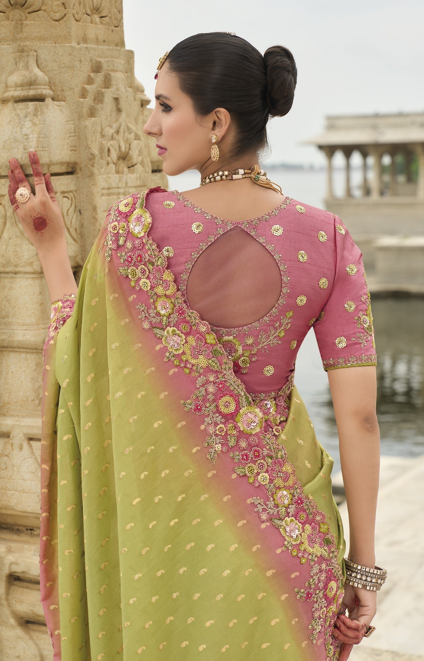 Green and Pink Viscose Silk With Embroidery Cut Work Border Saree