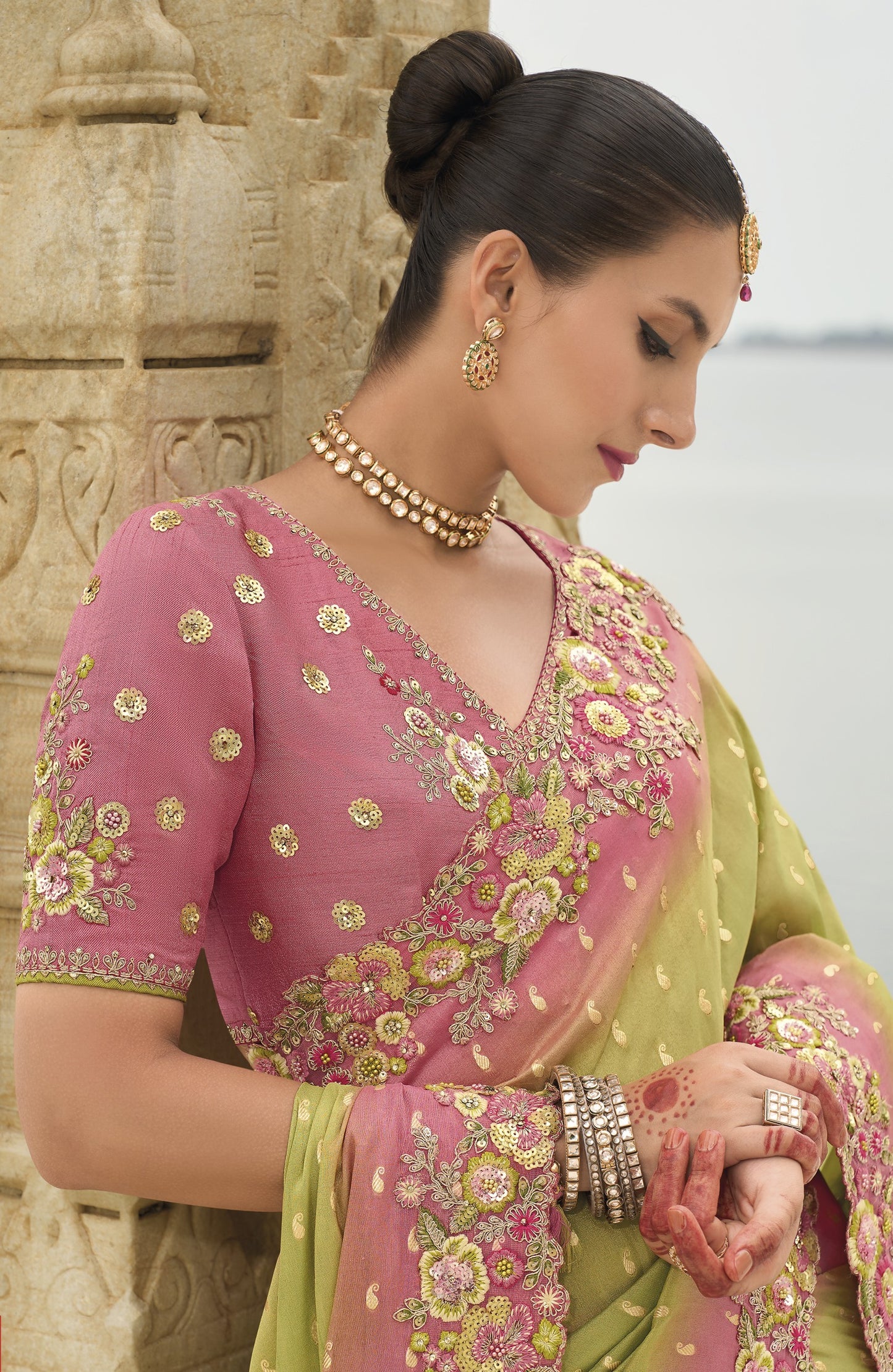 Green and Pink Viscose Silk With Embroidery Cut Work Border Saree