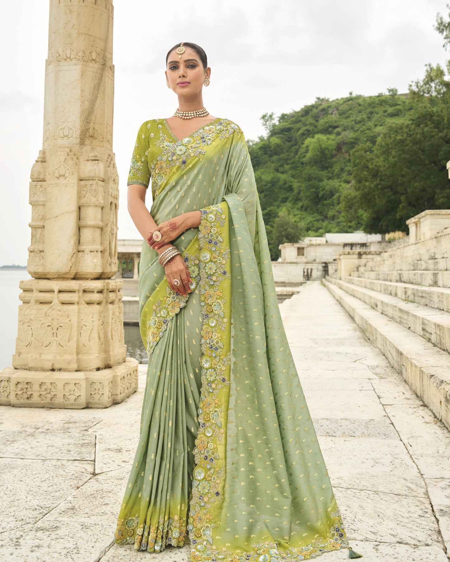 Sea Green Viscose Silk With Embroidery Cut Work Border Saree