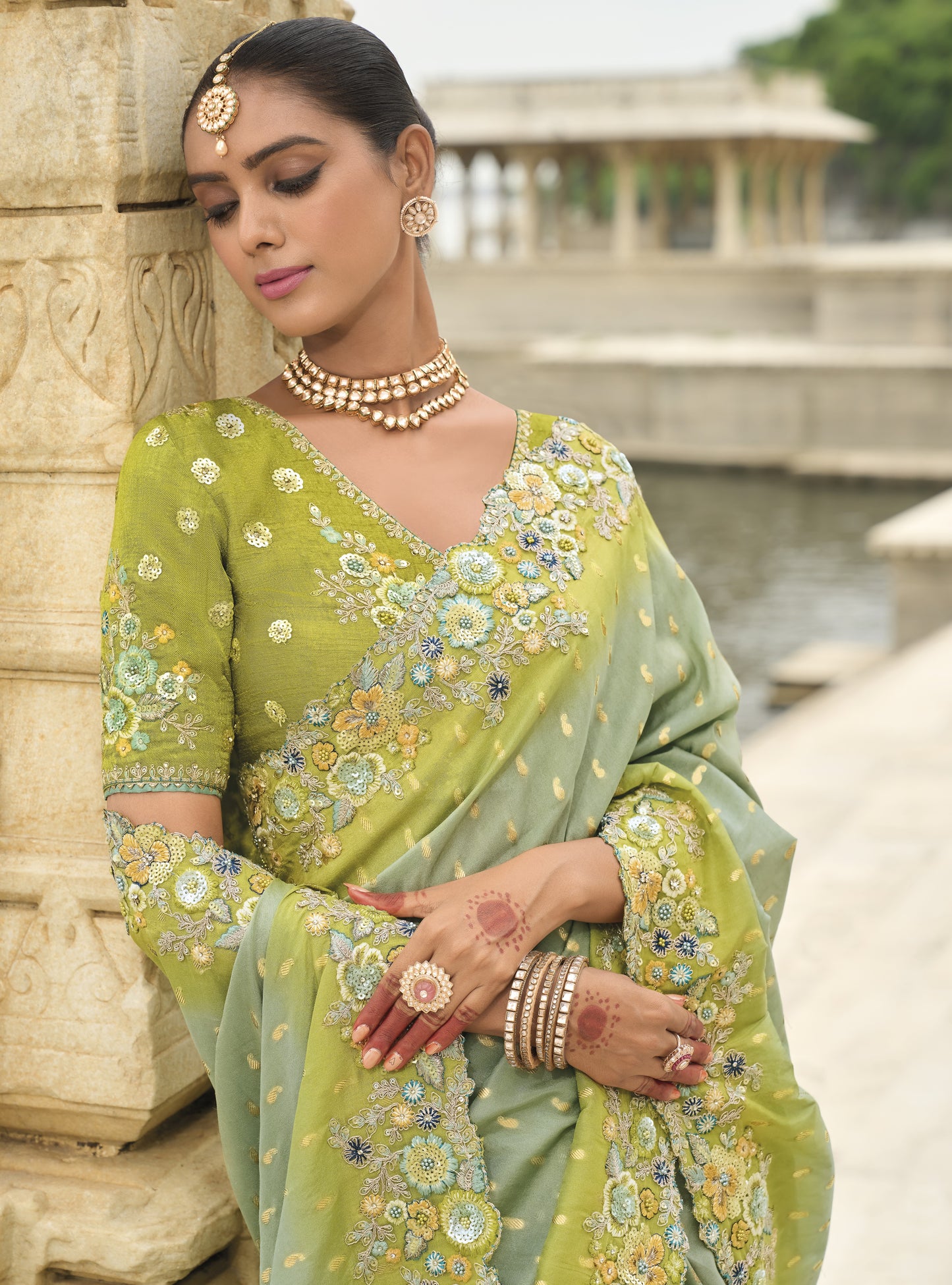 Sea Green Viscose Silk With Embroidery Cut Work Border Saree