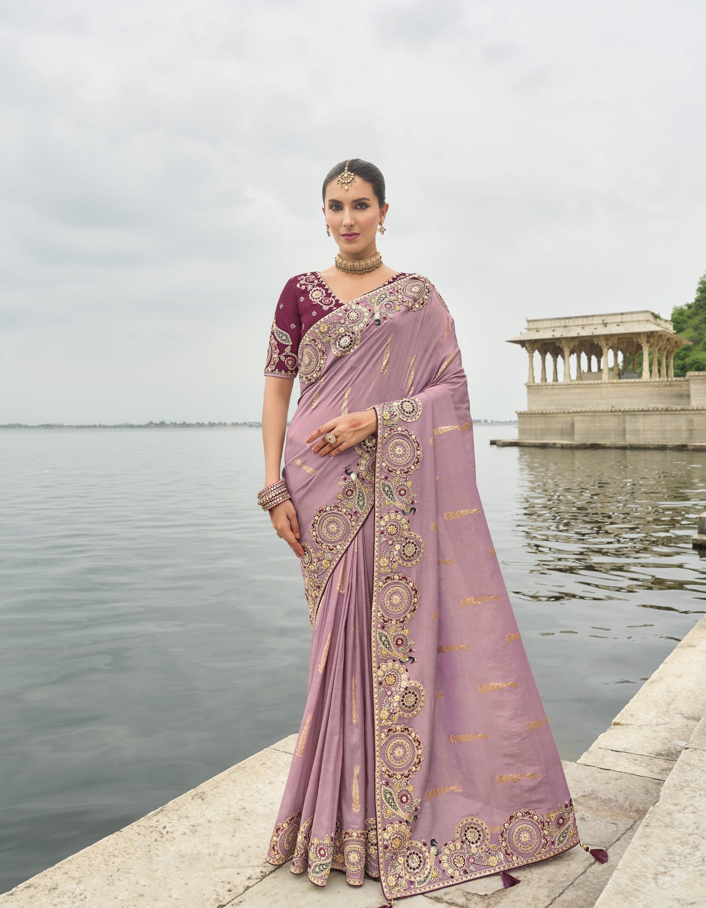 Lavender Viscose Silk With Embroidery Butti Work Border Saree