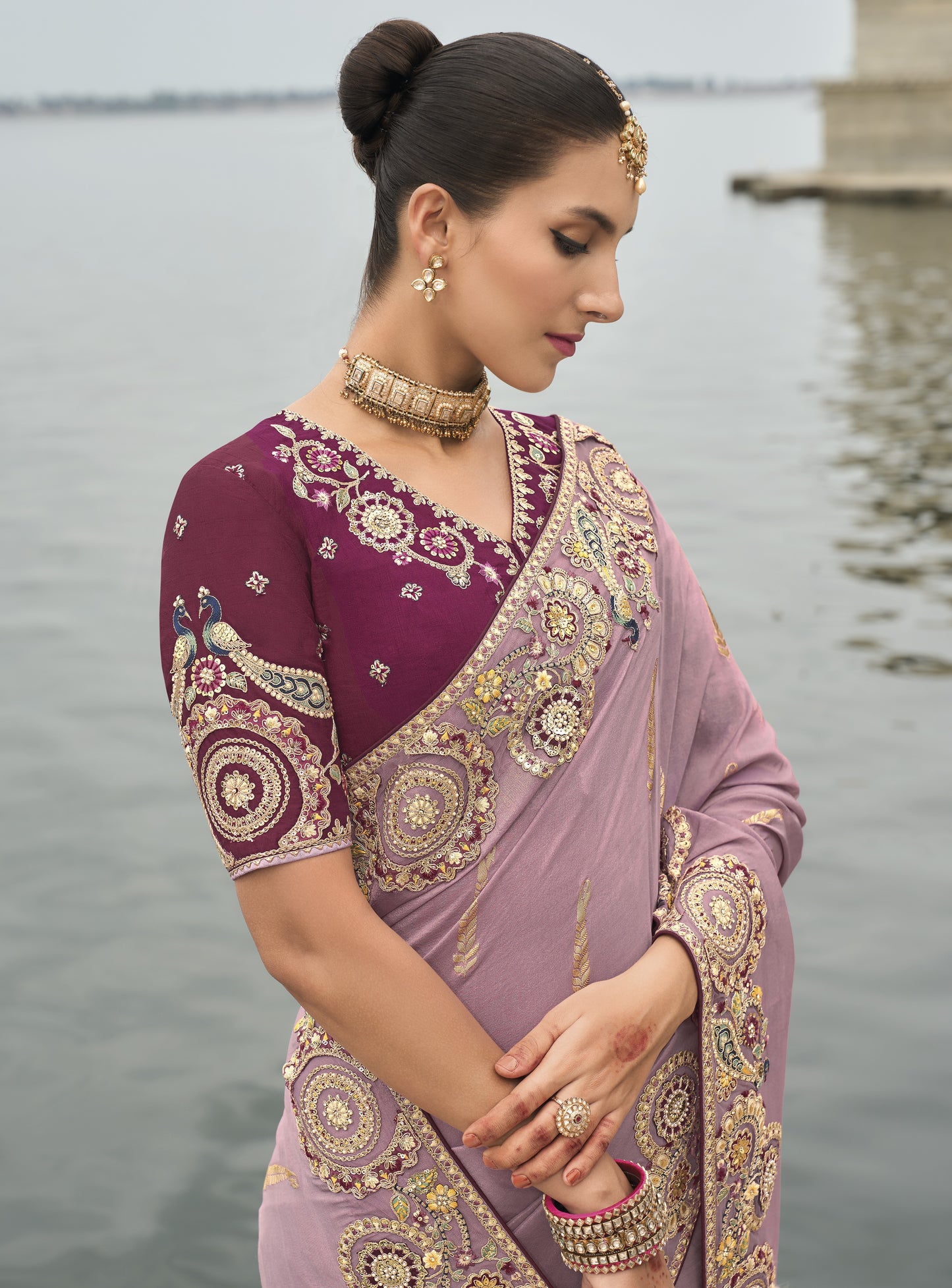 Lavender Viscose Silk With Embroidery Butti Work Border Saree