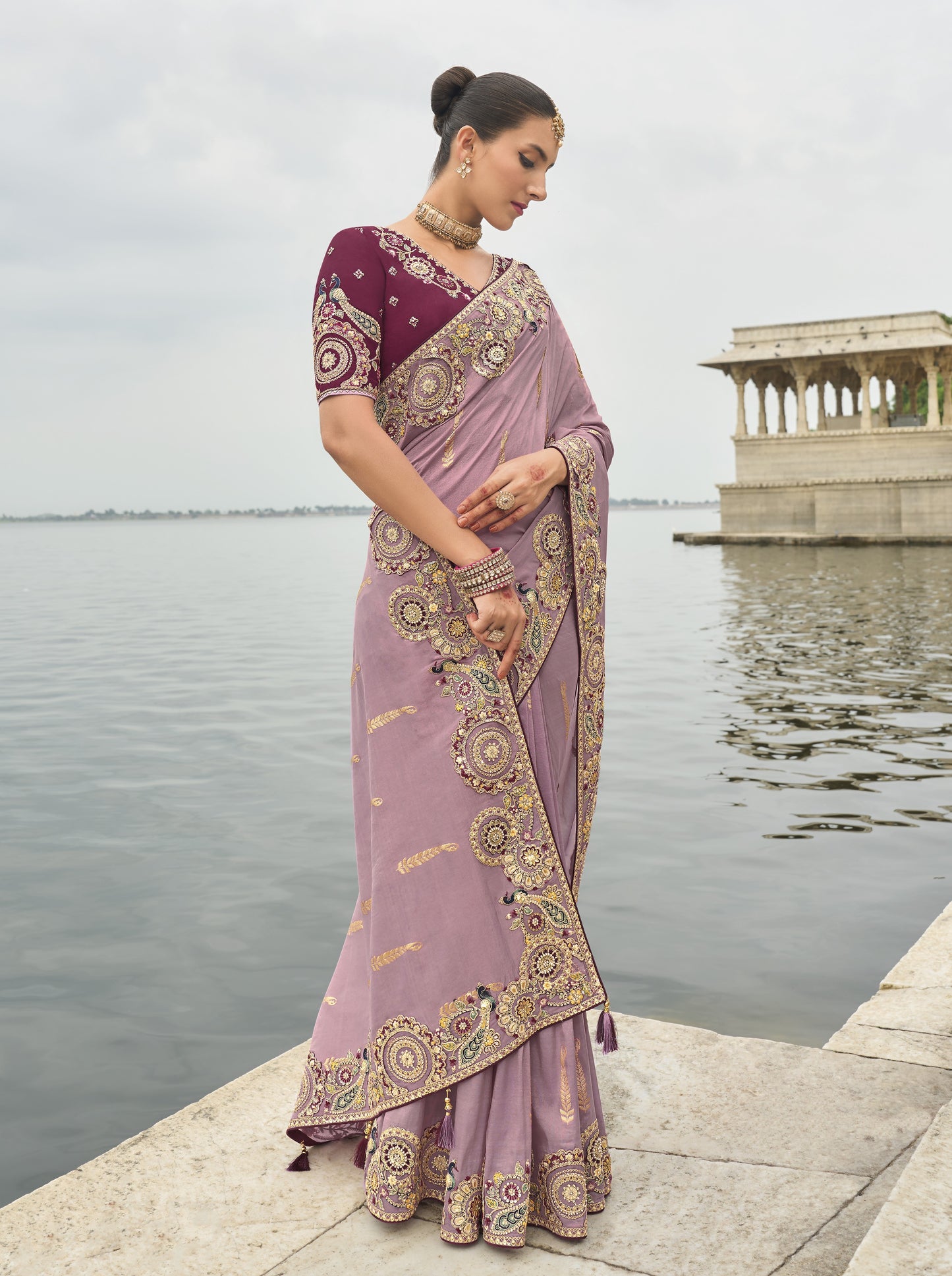 Lavender Viscose Silk With Embroidery Butti Work Border Saree