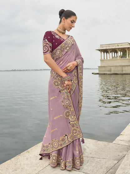 Lavender Viscose Silk With Embroidery Butti Work Border Saree