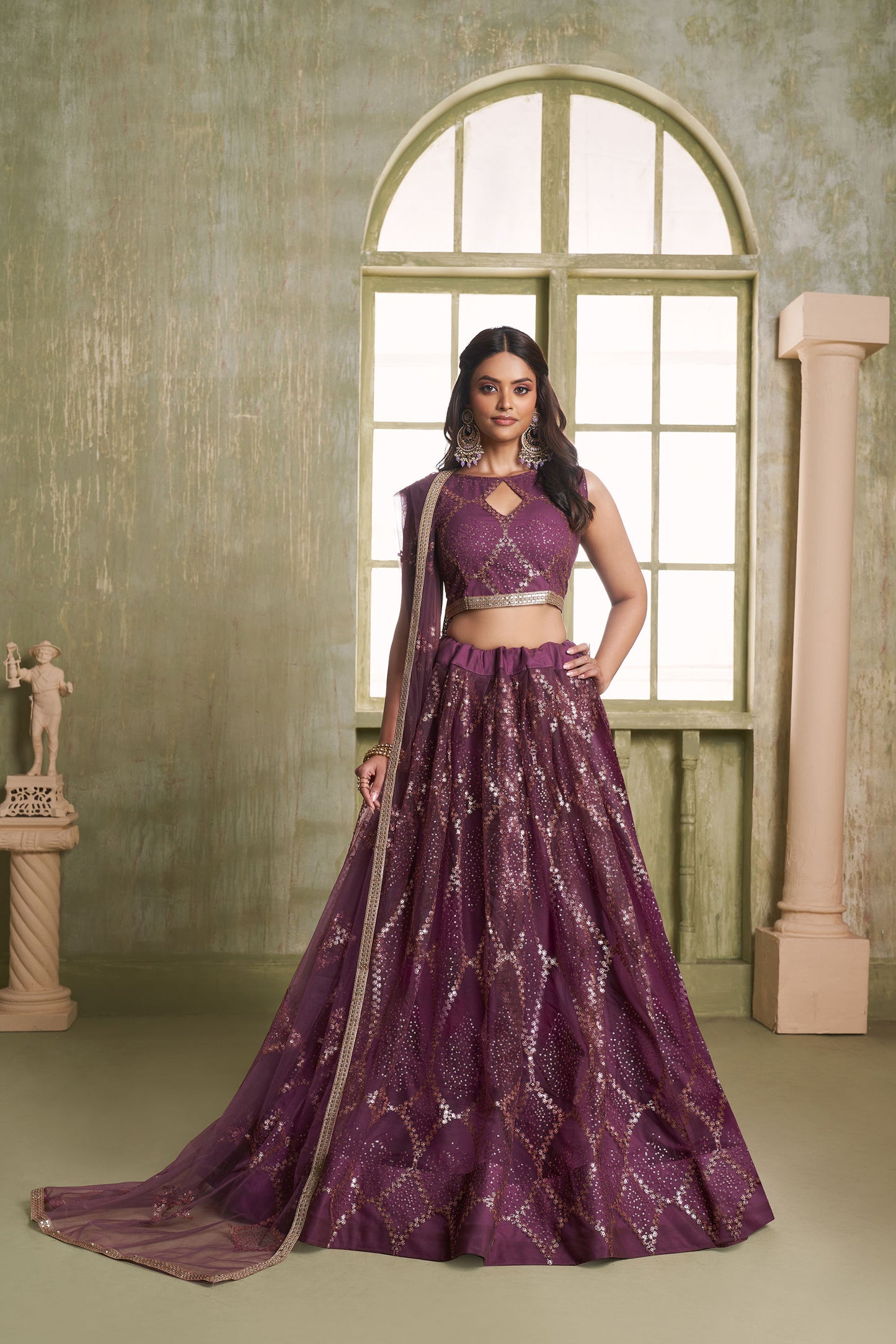 Wine Butterfly Net Thread & Sequin Work Reception Lehenga