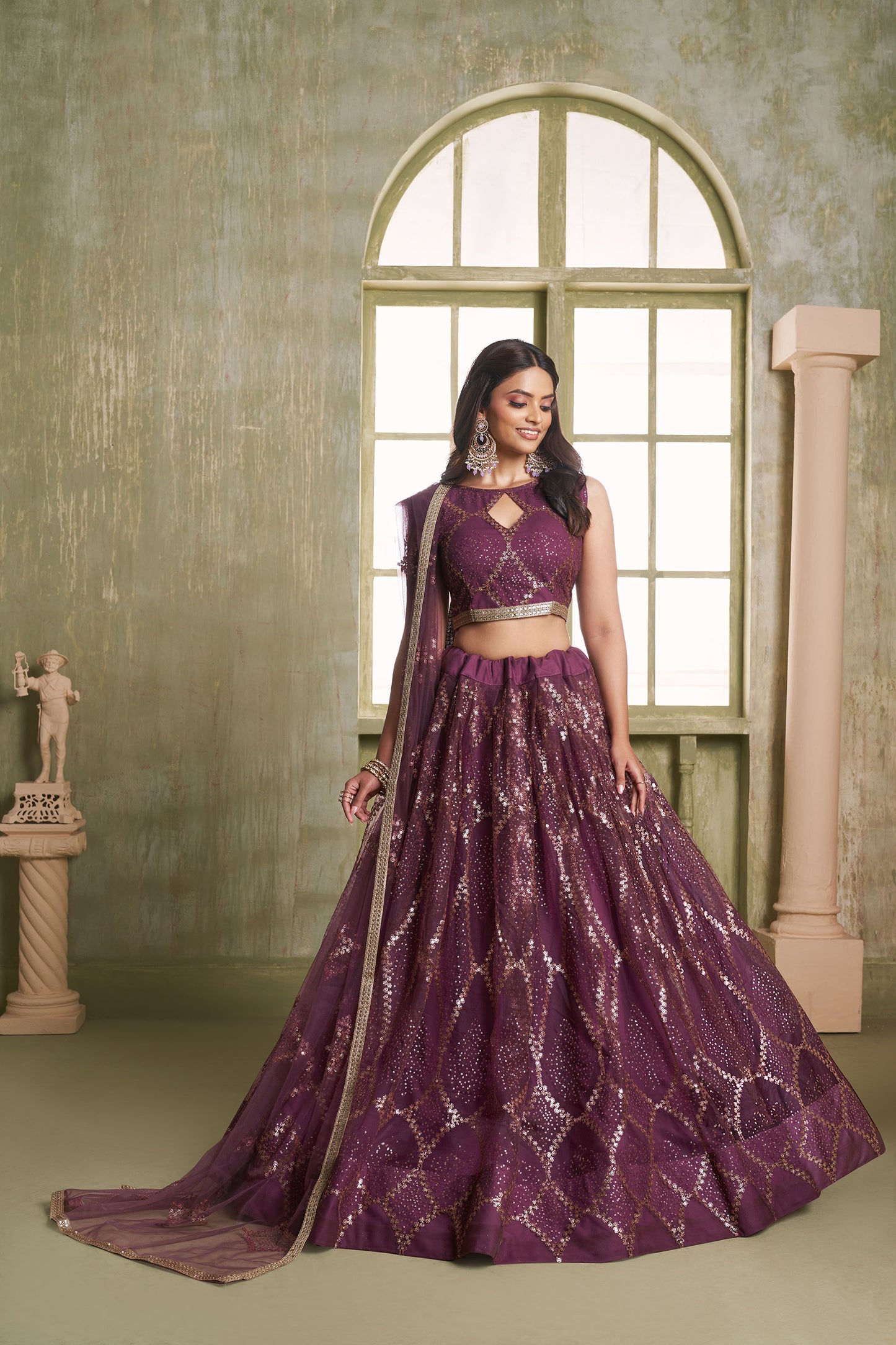 Wine Butterfly Net Thread & Sequin Work Reception Lehenga