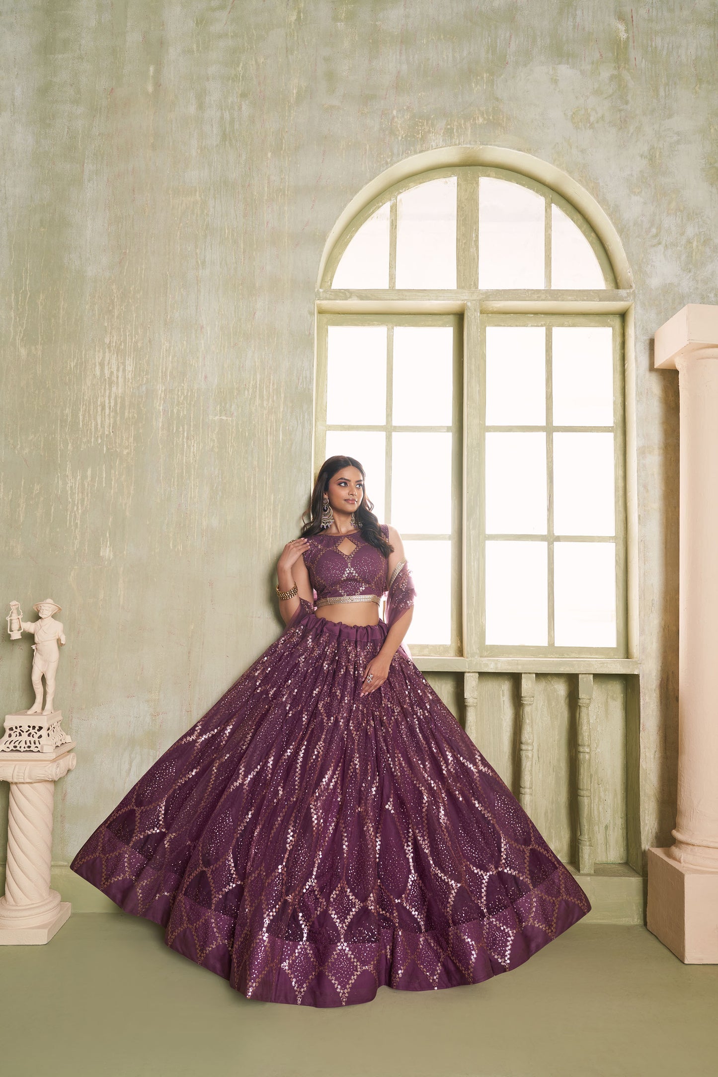 Wine Butterfly Net Thread & Sequin Work Reception Lehenga