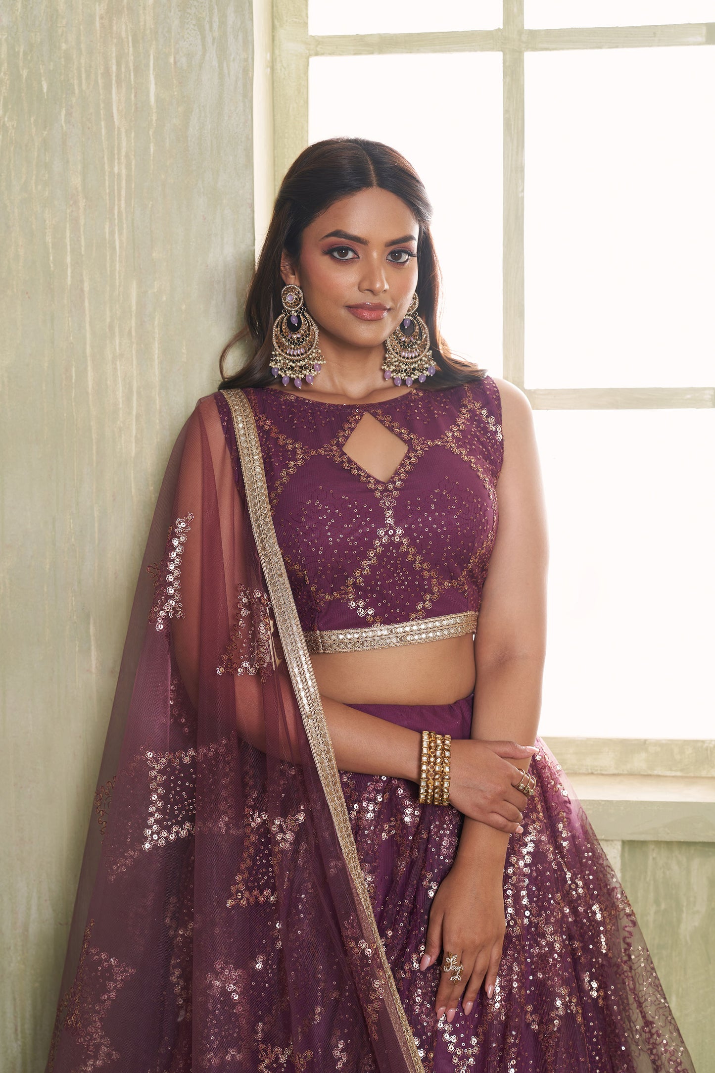Wine Butterfly Net Thread & Sequin Work Reception Lehenga