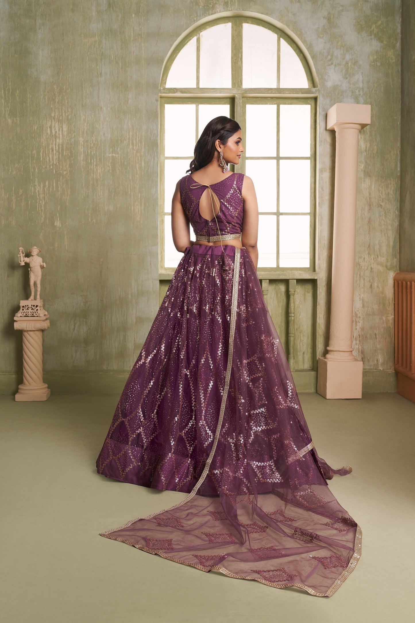 Wine Butterfly Net Thread & Sequin Work Reception Lehenga