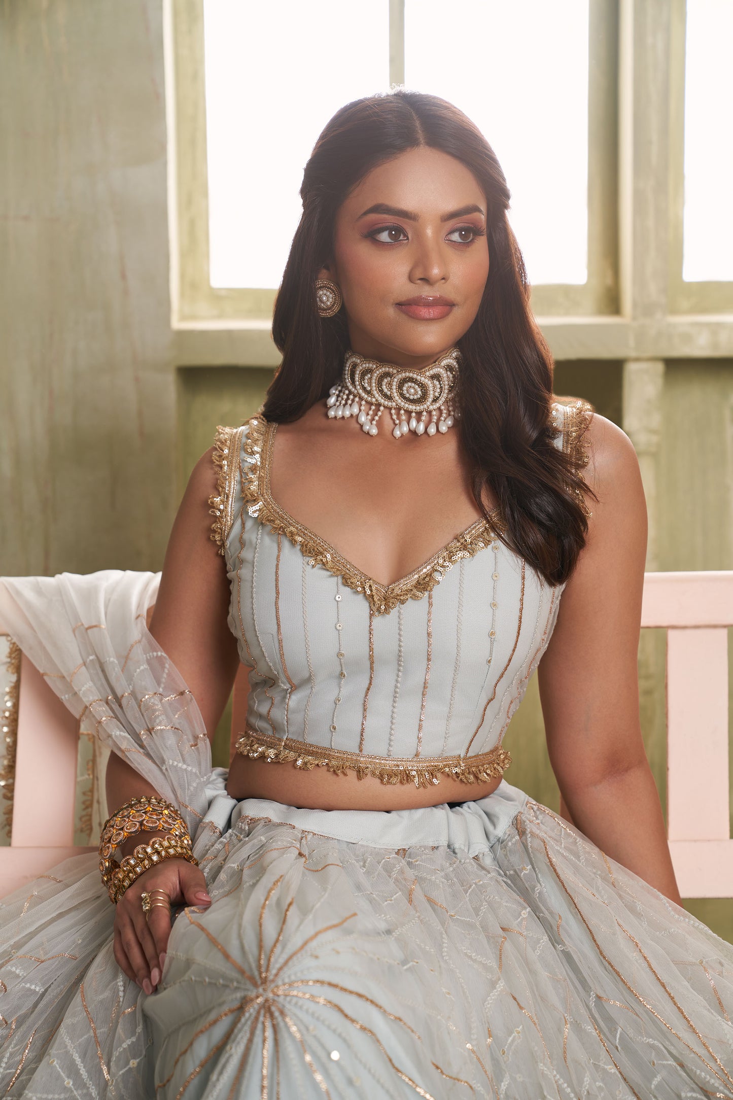 Grey Butterfly Net Thread & Sequin Work Wedding Guest Lehenga