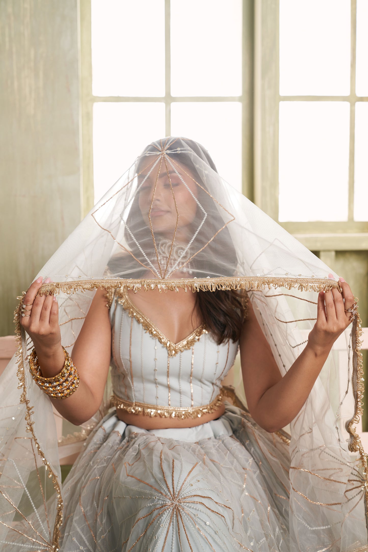 Grey Butterfly Net Thread & Sequin Work Wedding Guest Lehenga