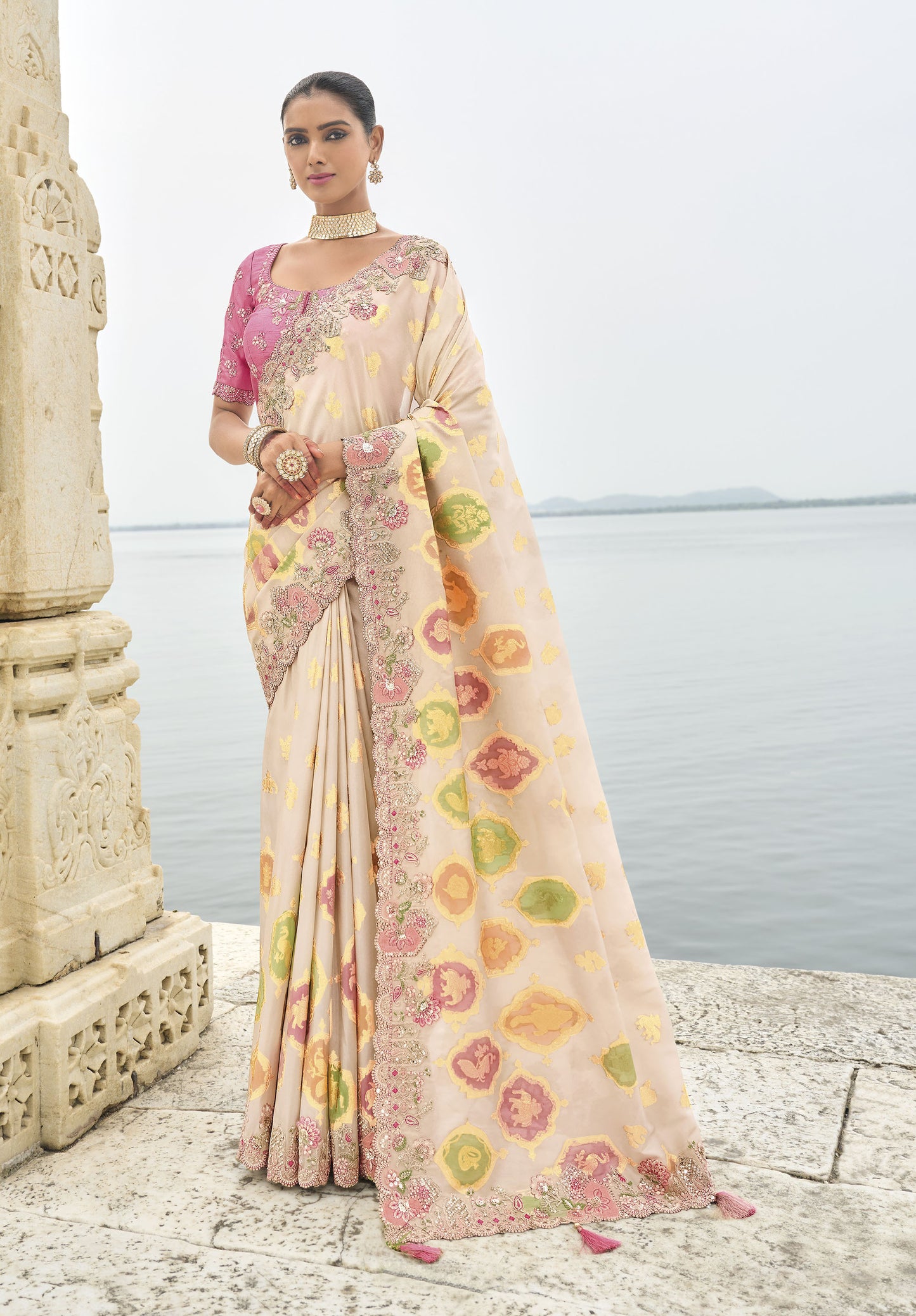 Cream Viscose Silk With Embroidery Cut Work Border Saree