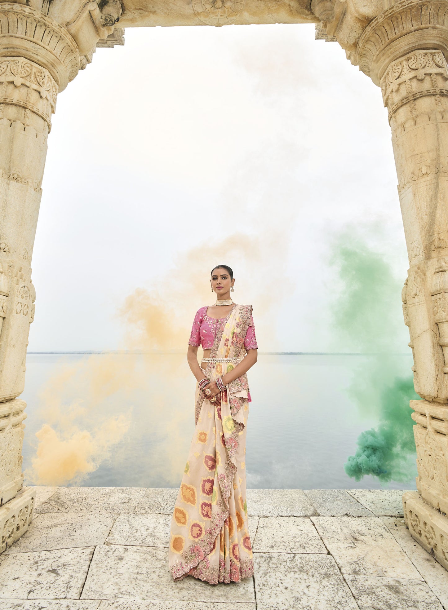 Cream Viscose Silk With Embroidery Cut Work Border Saree