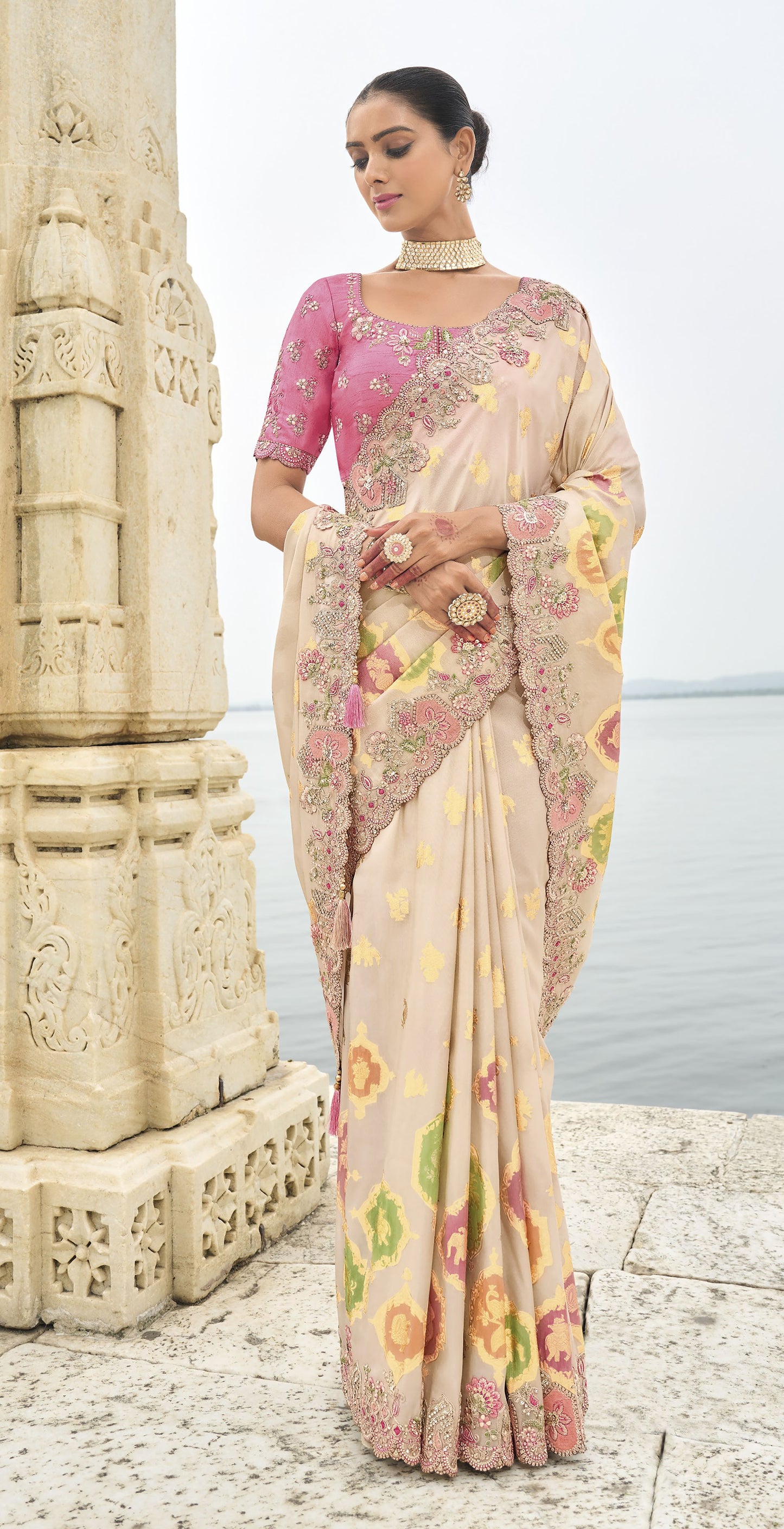 Cream Viscose Silk With Embroidery Cut Work Border Saree
