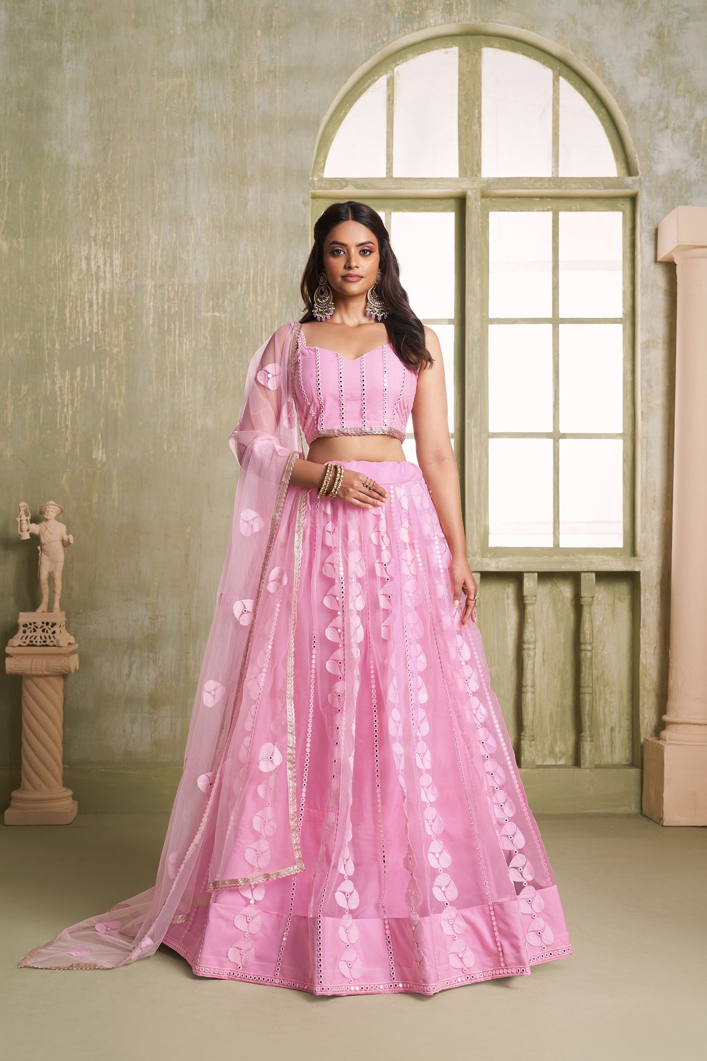 Pastel Pink Butterfly Net Thread & Sequin Work Engagement Lehenga