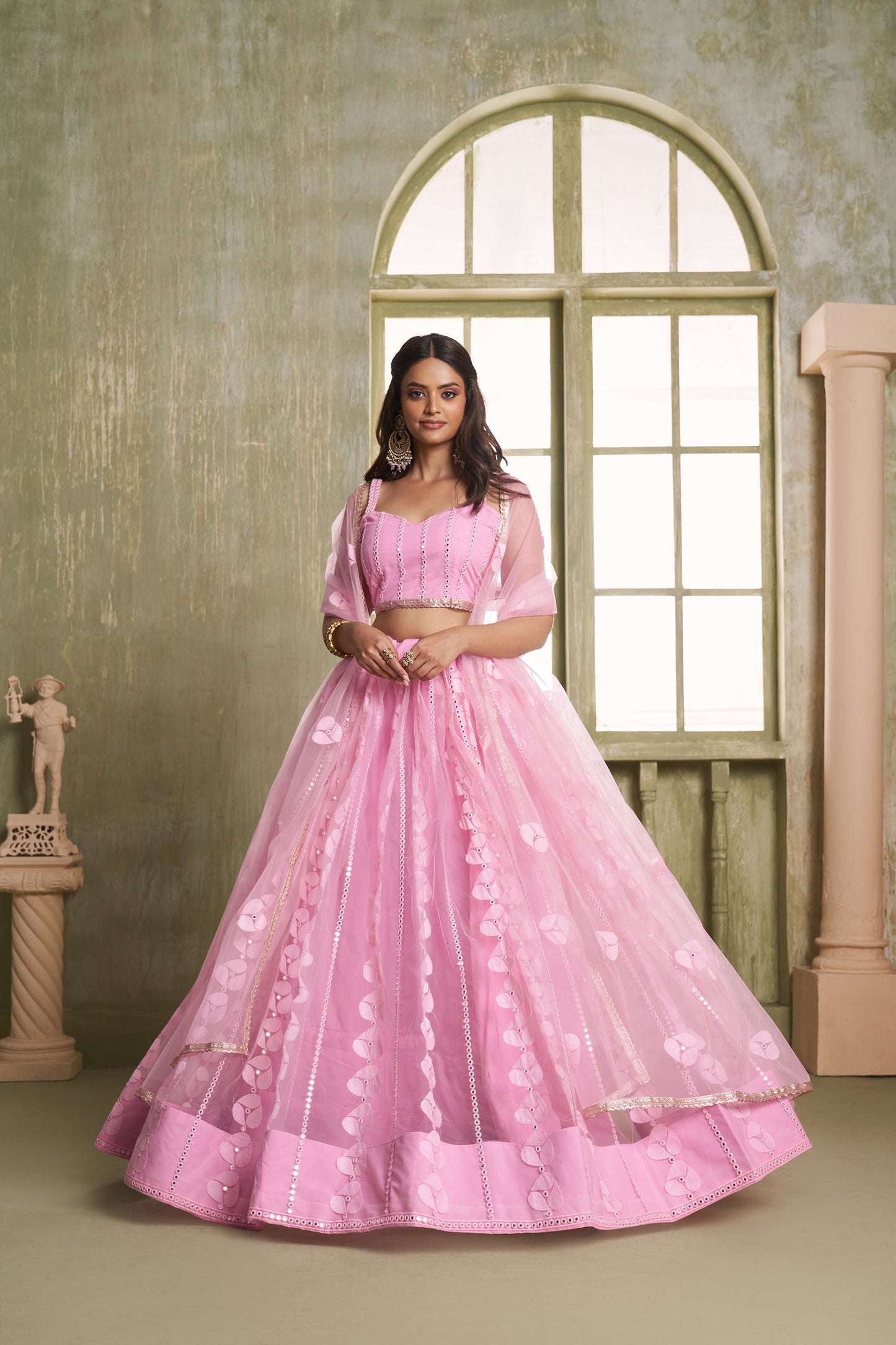 Pastel Pink Butterfly Net Thread & Sequin Work Engagement Lehenga