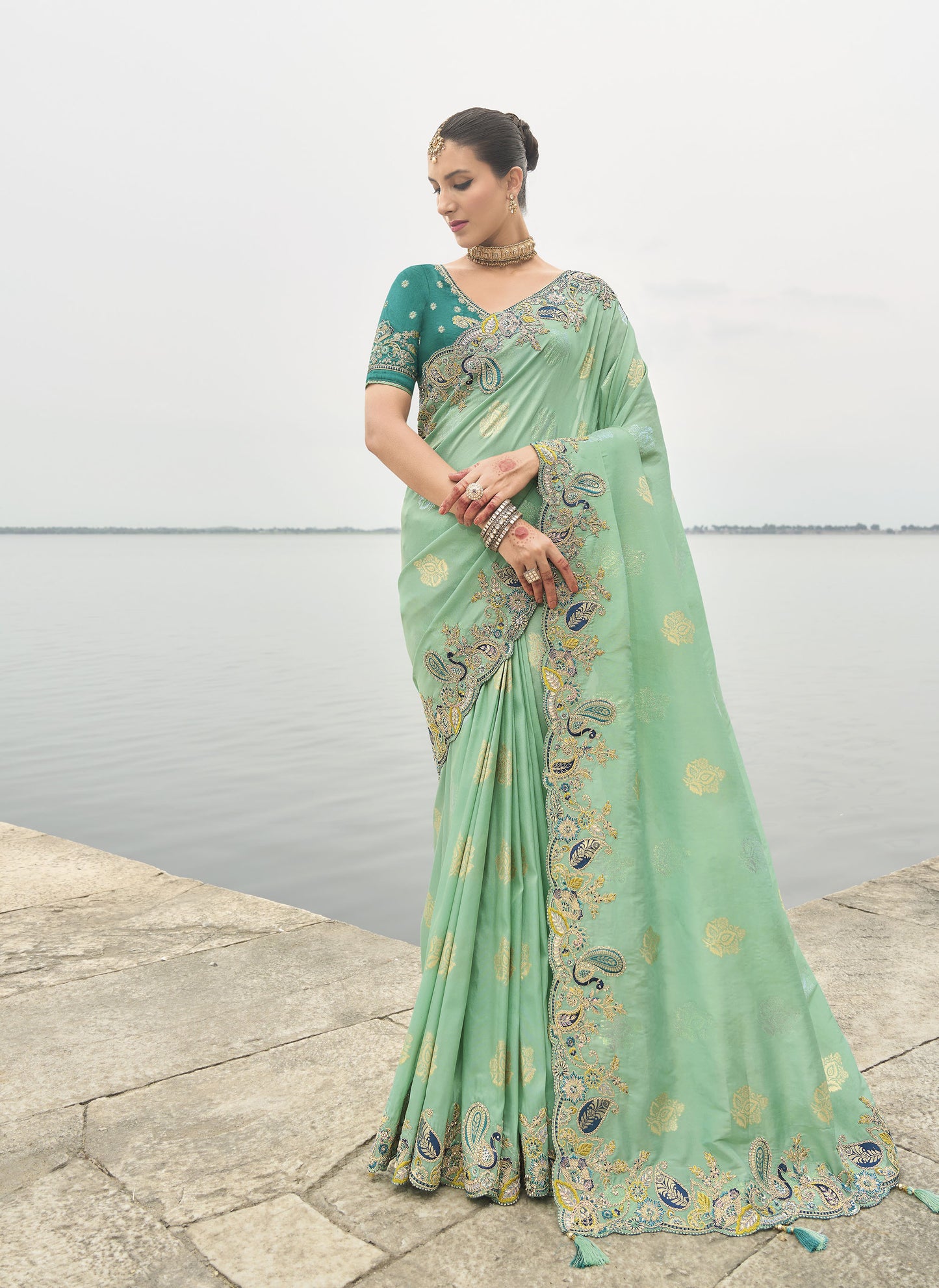 Teal Green Viscose Silk With Embroidery  Butti Work Border Saree