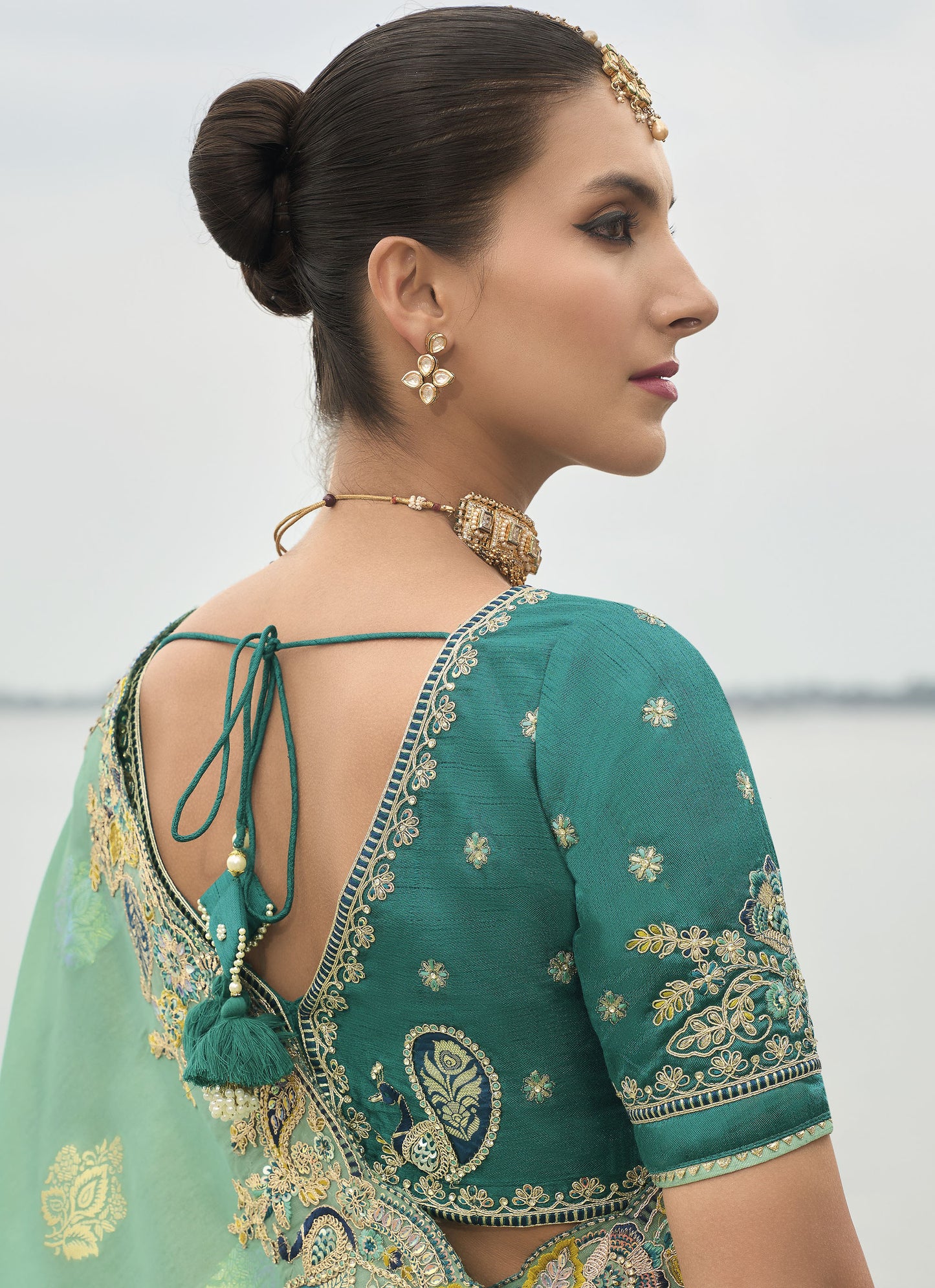 Teal Green Viscose Silk With Embroidery  Butti Work Border Saree