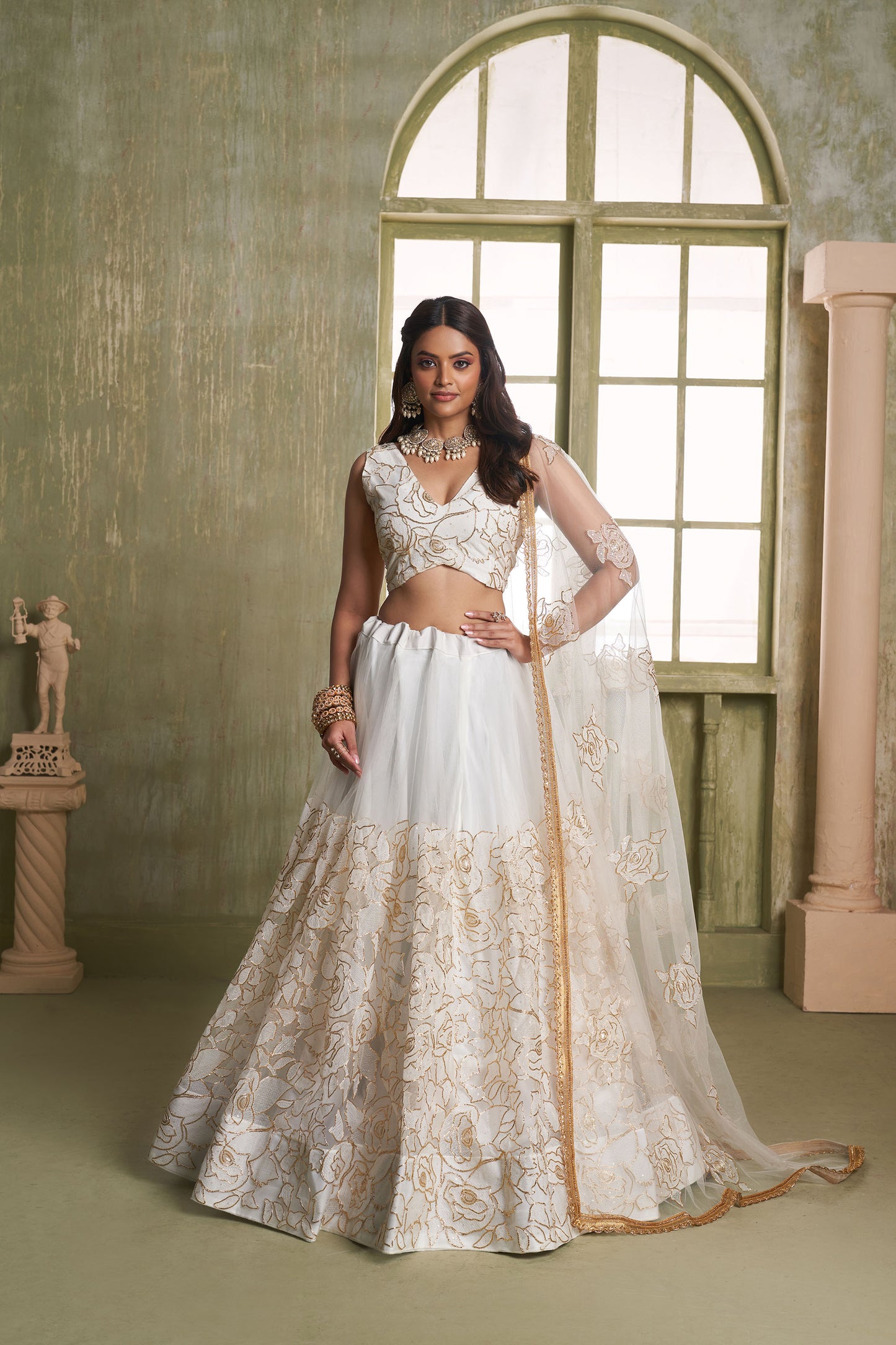 Off White Butterfly Net Thread & Sequin Work Bridesmaid Lehenga
