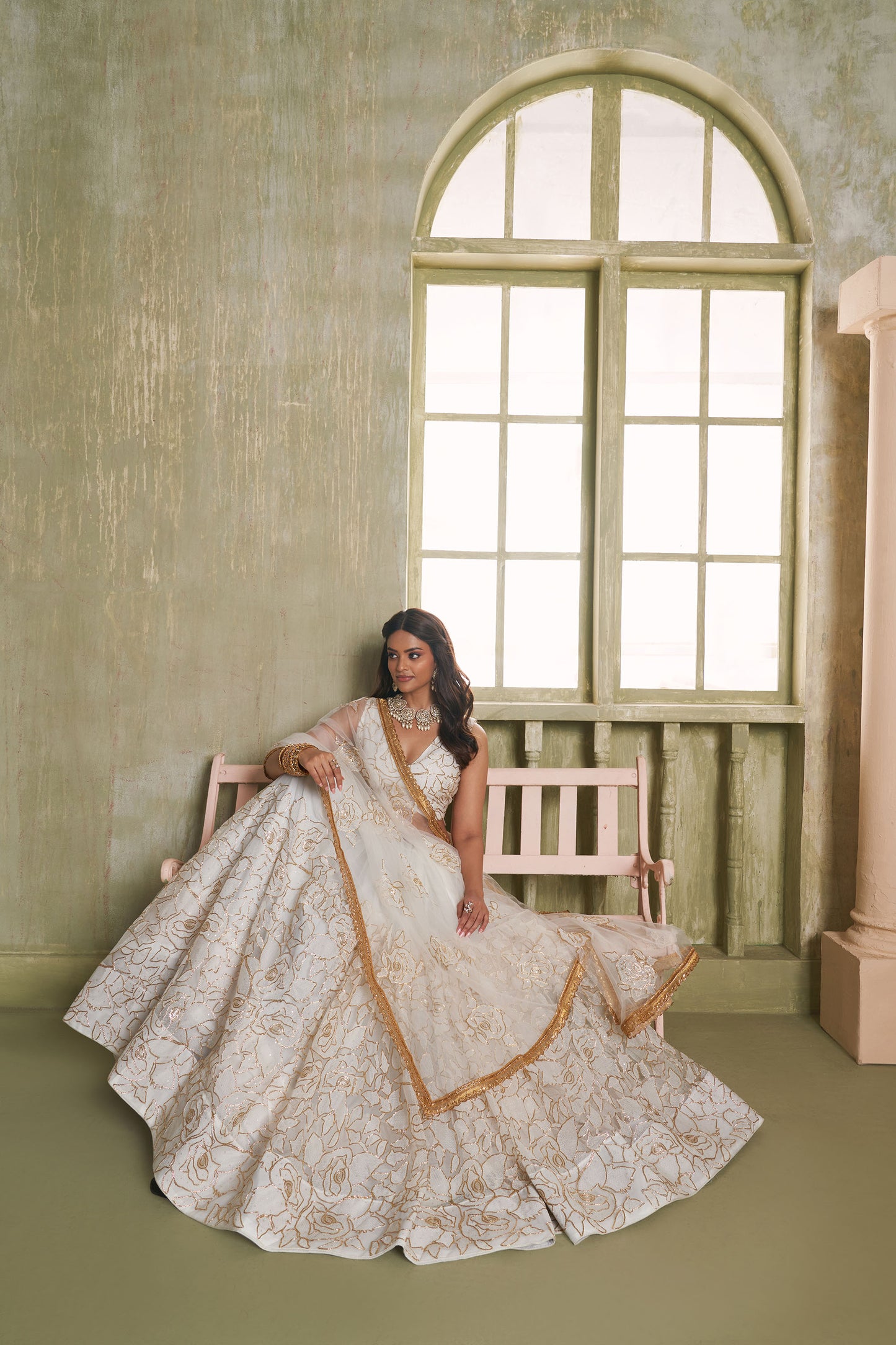 Off White Butterfly Net Thread & Sequin Work Bridesmaid Lehenga