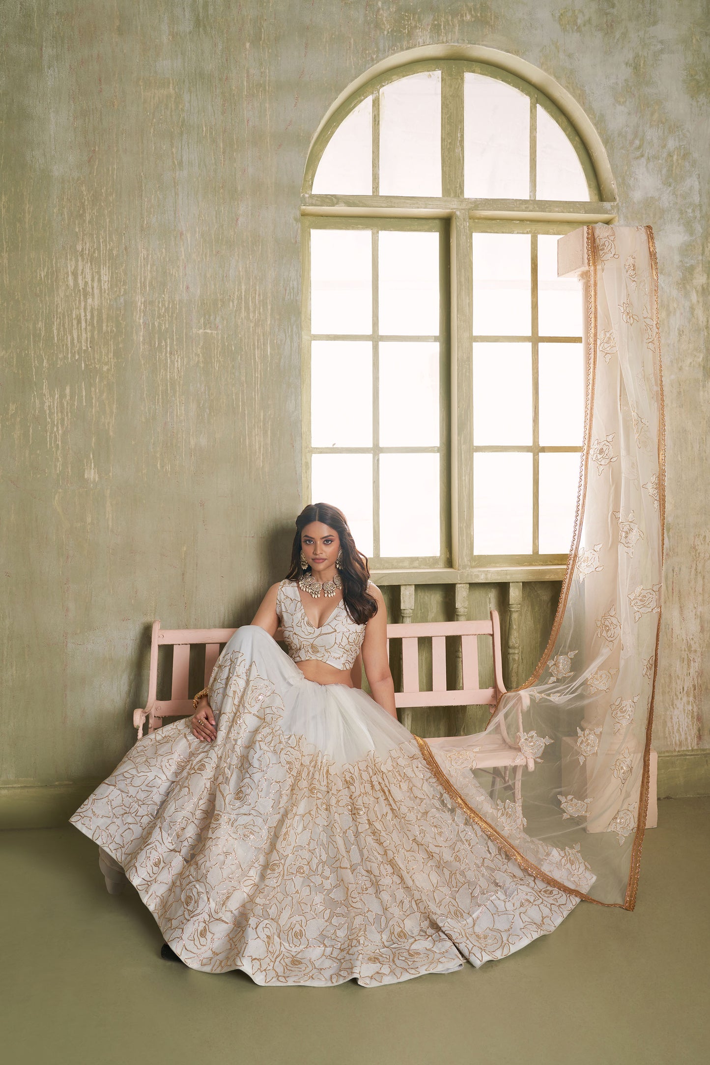 Off White Butterfly Net Thread & Sequin Work Bridesmaid Lehenga