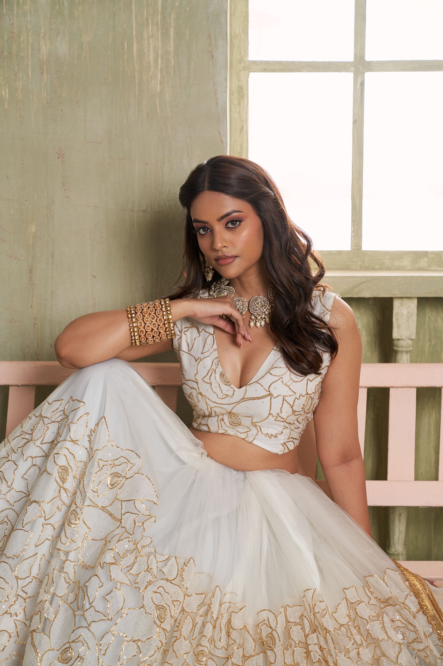 Off White Butterfly Net Thread & Sequin Work Bridesmaid Lehenga