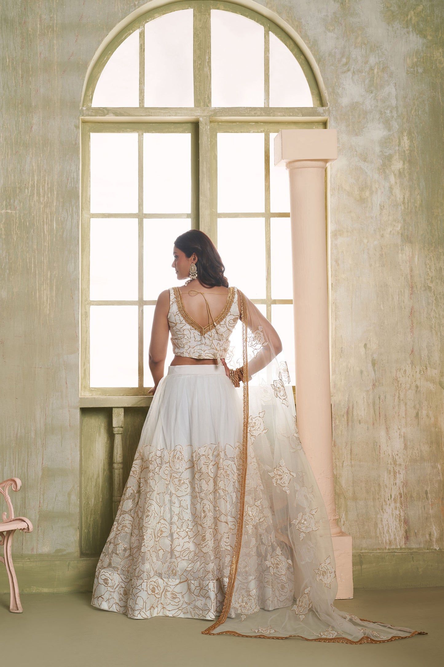 Off White Butterfly Net Thread & Sequin Work Bridesmaid Lehenga