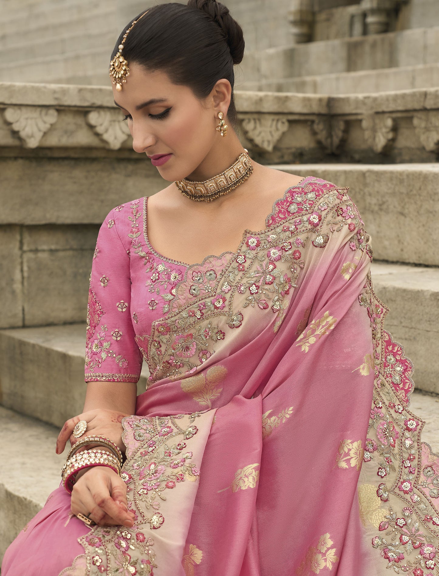Blush Pink Viscose Silk With Stone Embroidery Sangeet Saree