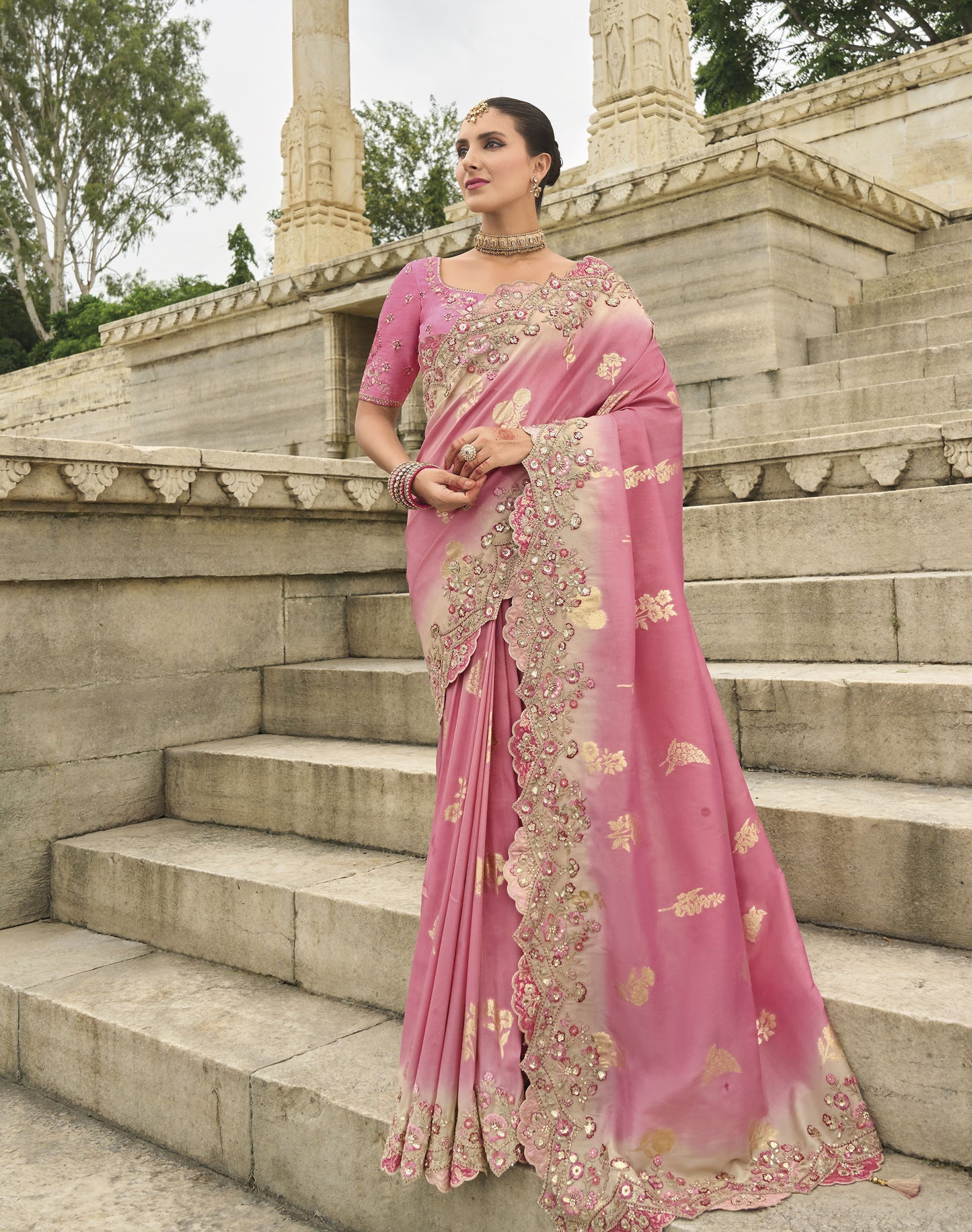 Blush Pink Viscose Silk With Stone Embroidery Sangeet Saree