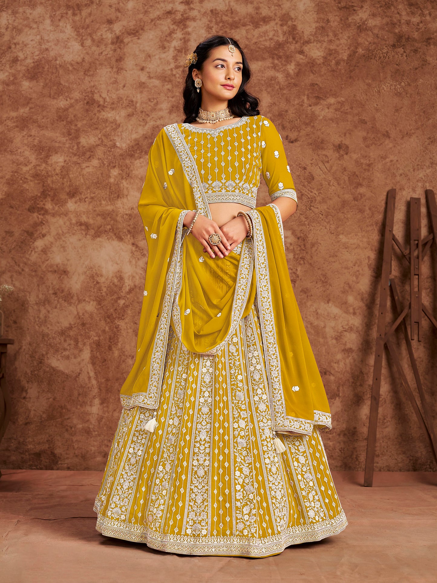 Yellow Sequins & Chikan Embroidered Faux Georgette Haldi Lehenga