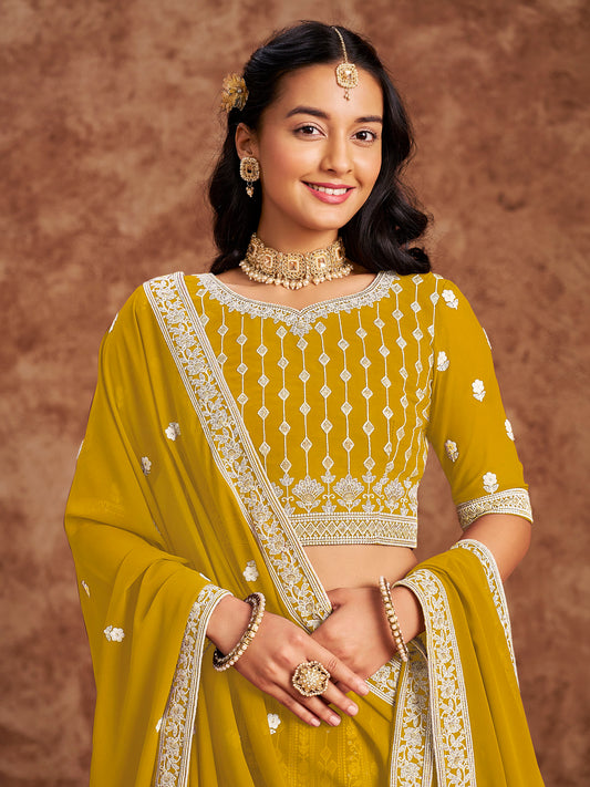 Yellow Sequins & Chikan Embroidered Faux Georgette Haldi Lehenga