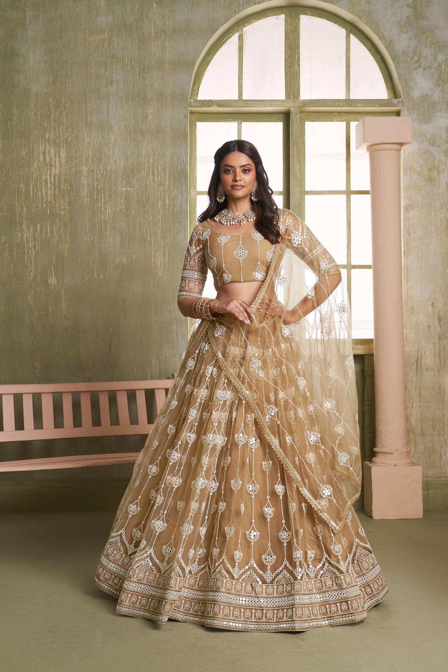 Brown Butterfly Net Thread & Sequin Work Wedding Guest Lehenga
