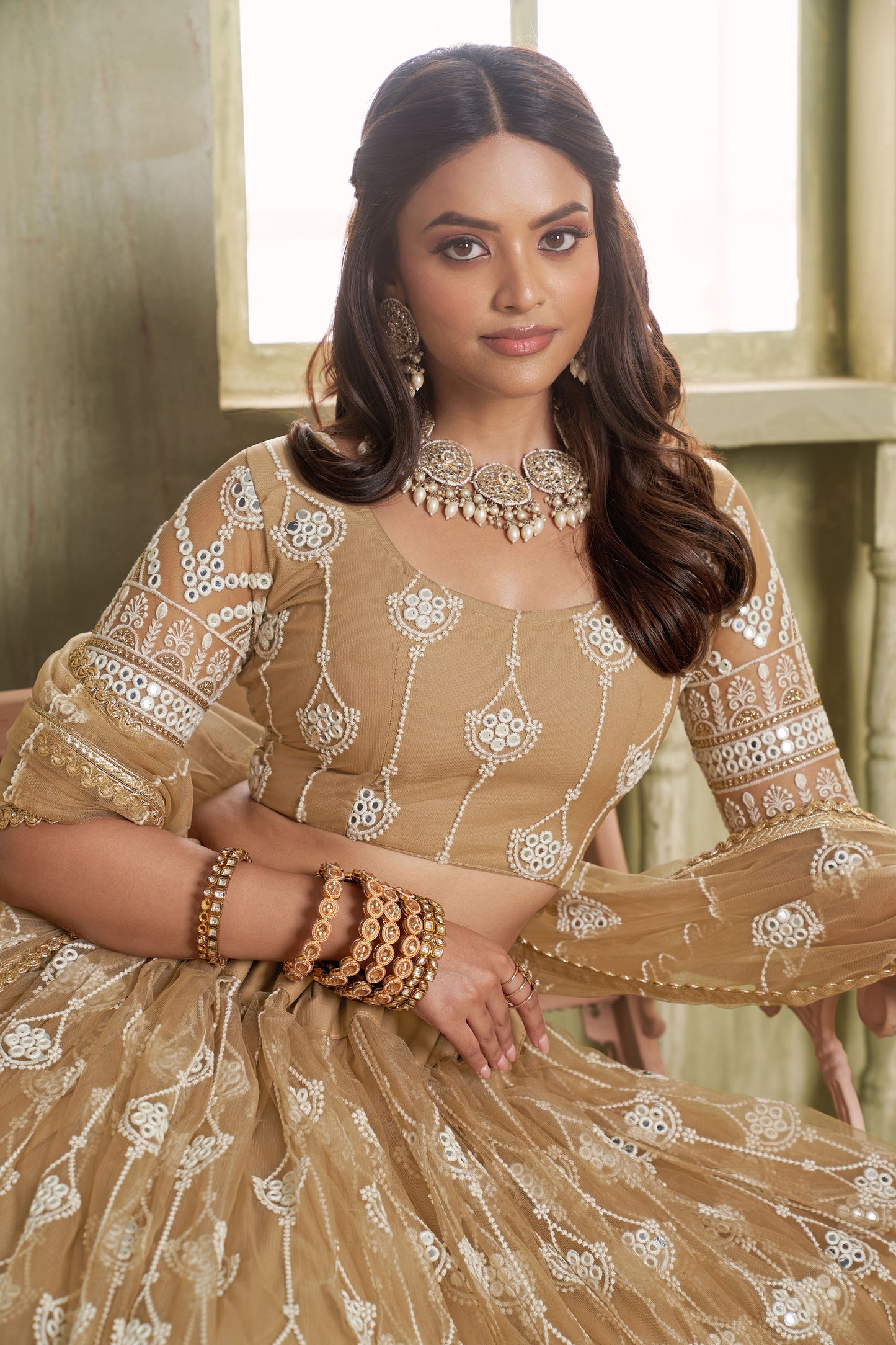 Brown Butterfly Net Thread & Sequin Work Wedding Guest Lehenga